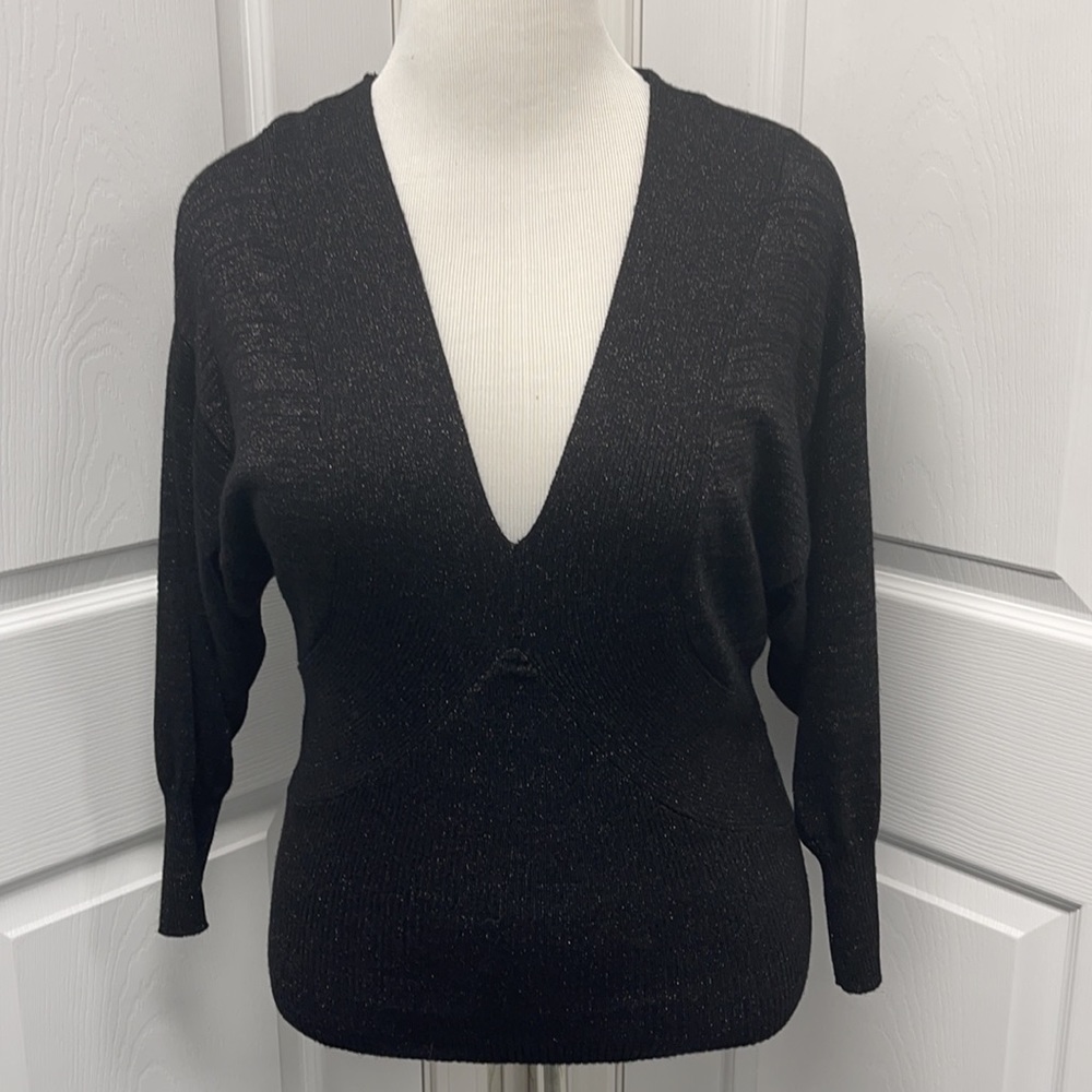 Jennifer Lopez Black Glitter V-Neck Shirt Small